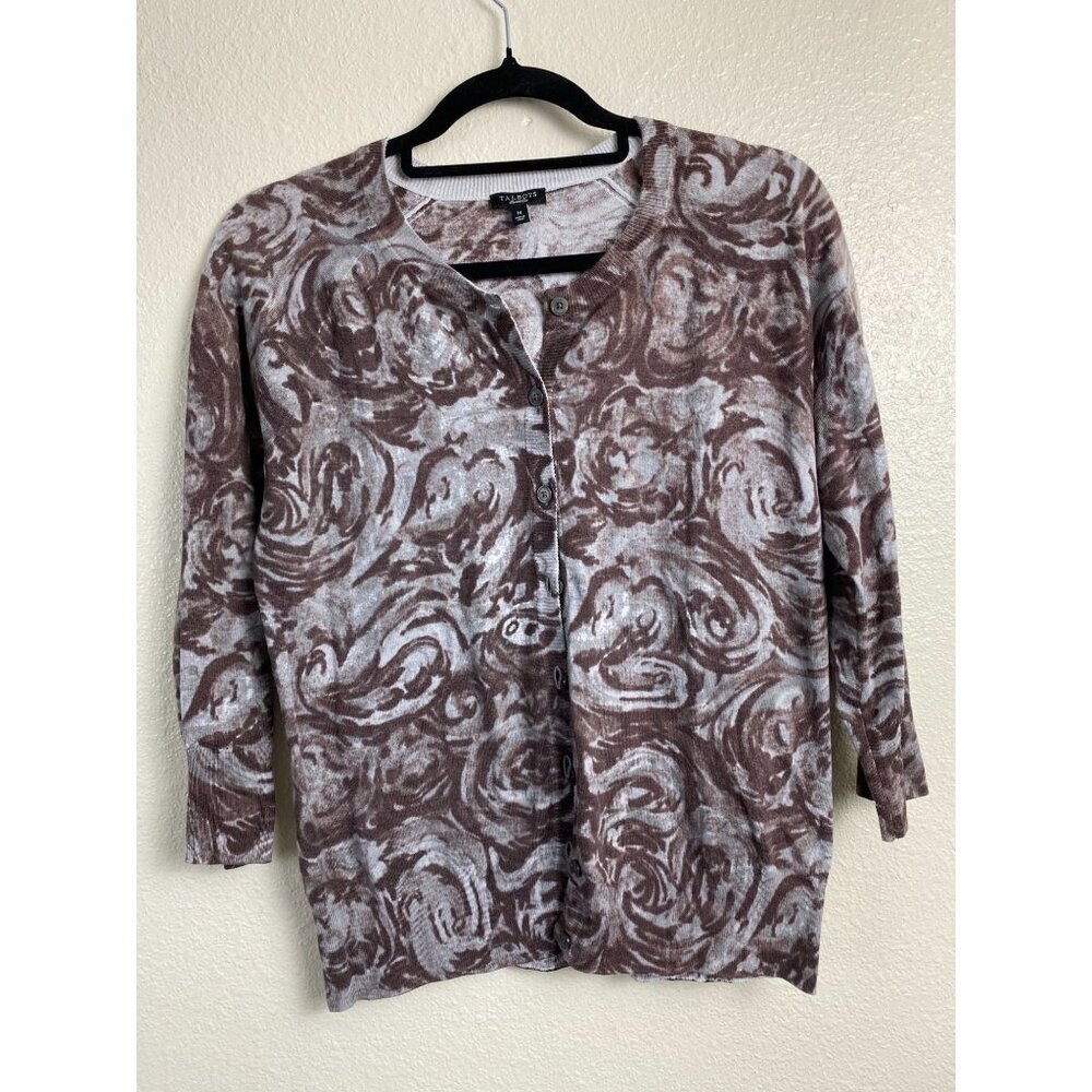 Talbots Womens Merino Wool Sweater size Medium Brown Artsy 3/4 Sleeve‎ Button Up